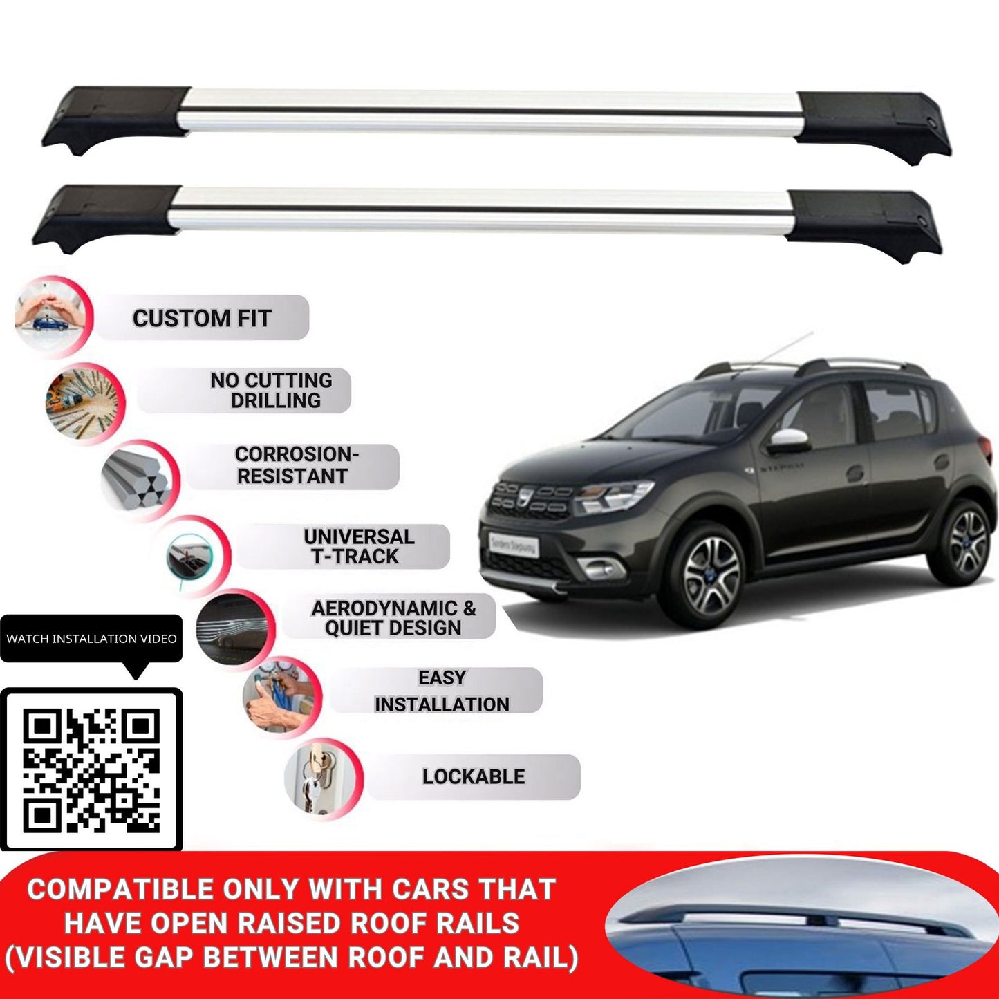 Roof Rack Cross Bars for Dacia Sandero Stepway 2013-2020 Lockable 2 Pcs Grey