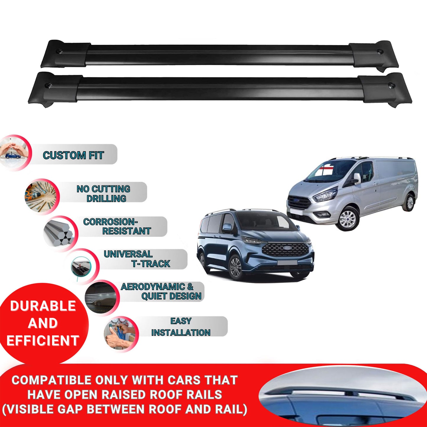 Roof Racks Cross Bars For Ford Transit Tourneo Custom 2012-2023 2 Pcs Black