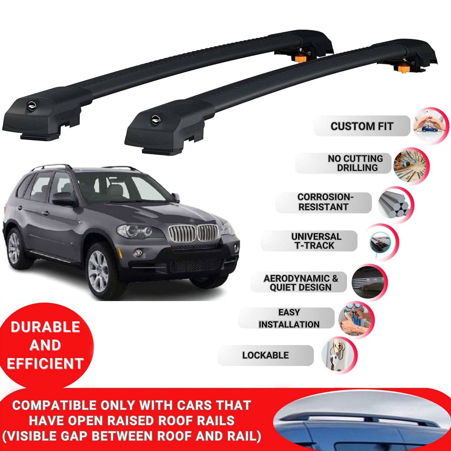 Roof Bar for Bmw X5 (E70) 2004-2013 Lockable Roof Rack Cross Bars 2 Pcs Black