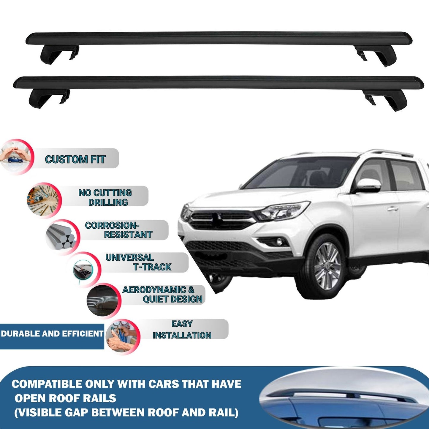 Roof Rack Cross Bars for Ssangyong Musso 2016-2023 Rail Carrier for Roof Tents 2 Pcs Black