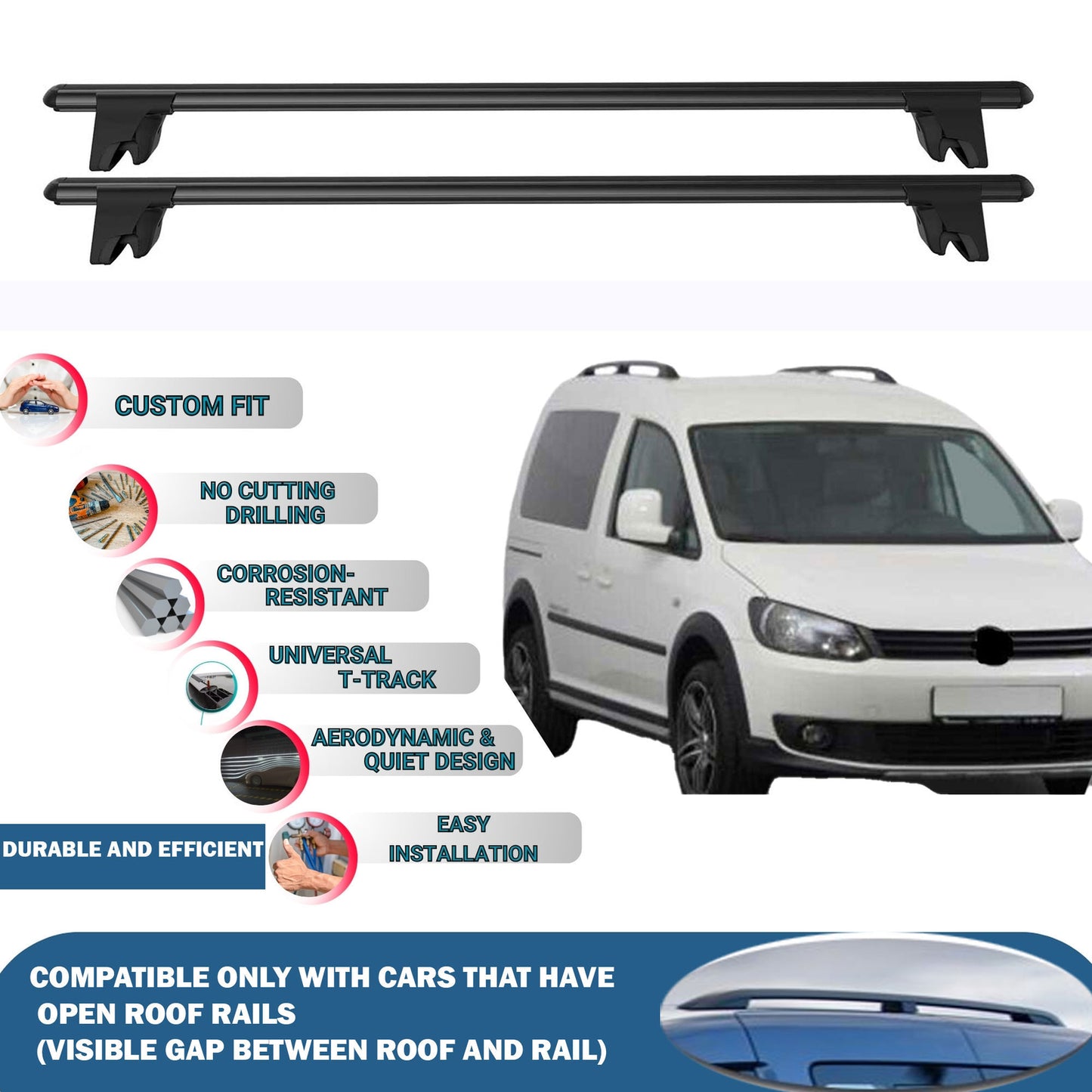 Car Roof Rack Cross Bars for Volkswagen Caddy 2003-2015 Kayak Roof Rack 4Pcs BLK