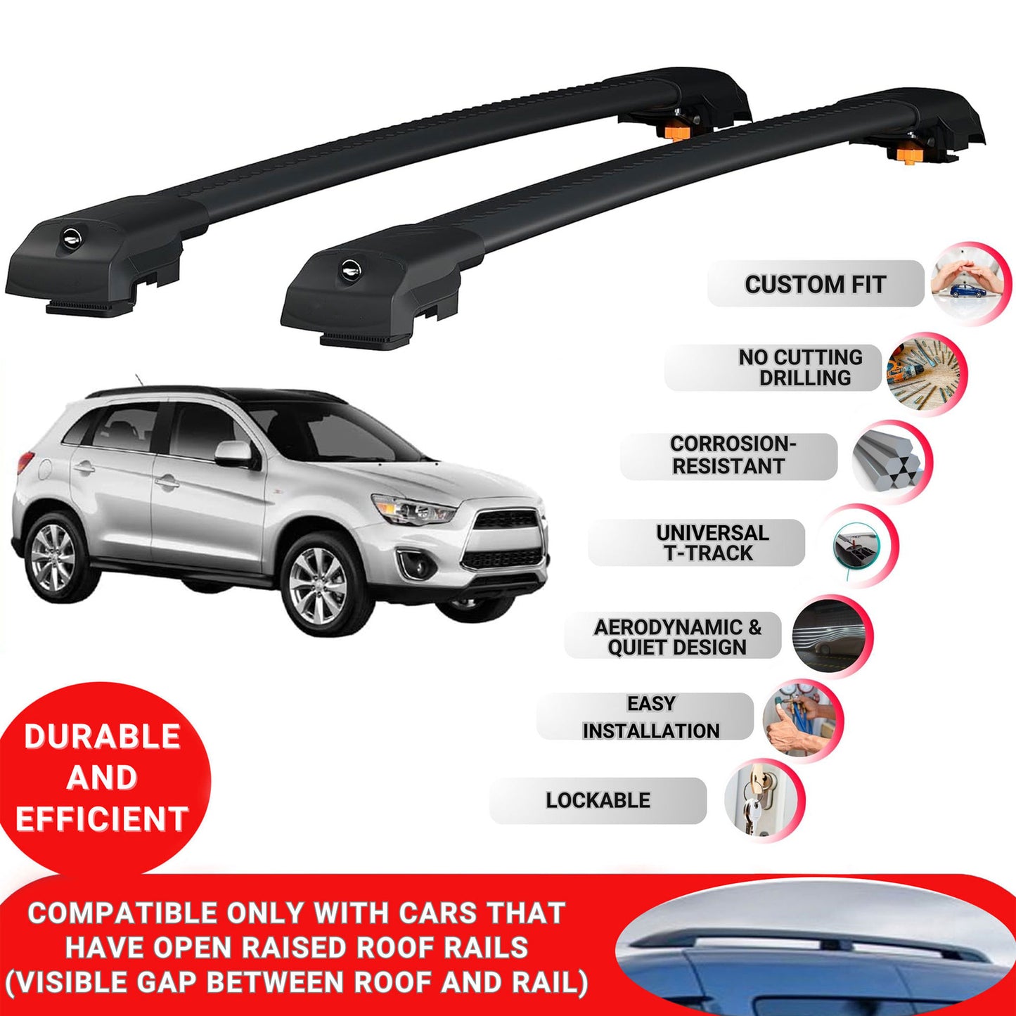 Roof Bar for Mitsubishi Outlander Sport 2010-22 Lockable Roof Rack Cross Bars 2 Pcs Black