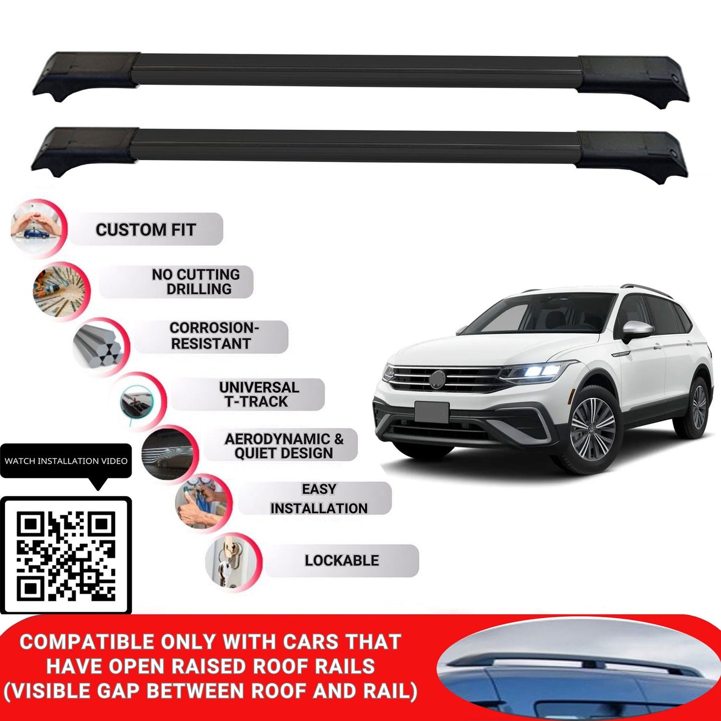 Roof Rack Cross Bars for Vw Tiguan 2024+ Lockable Roof Bars 2 Pcs Black