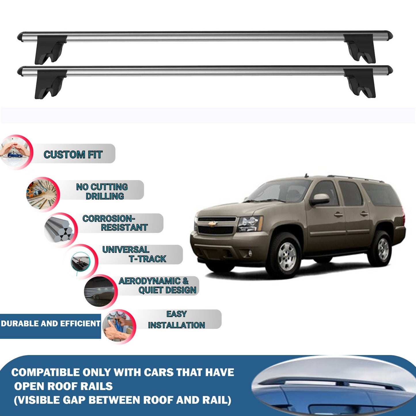 Lockable Roof Rack Cross Bars for Chevrolet Tahoe 2006-2014 | Heavy Duty Rail Carrier 2 Pcs Grey