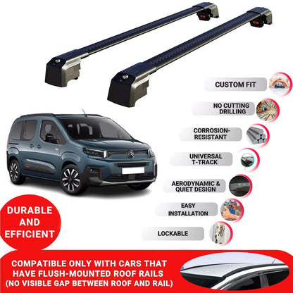 Roof Bars Rack for Citroen Berlingo 2024+ Lockable Rail Carrier 2 Pcs Black