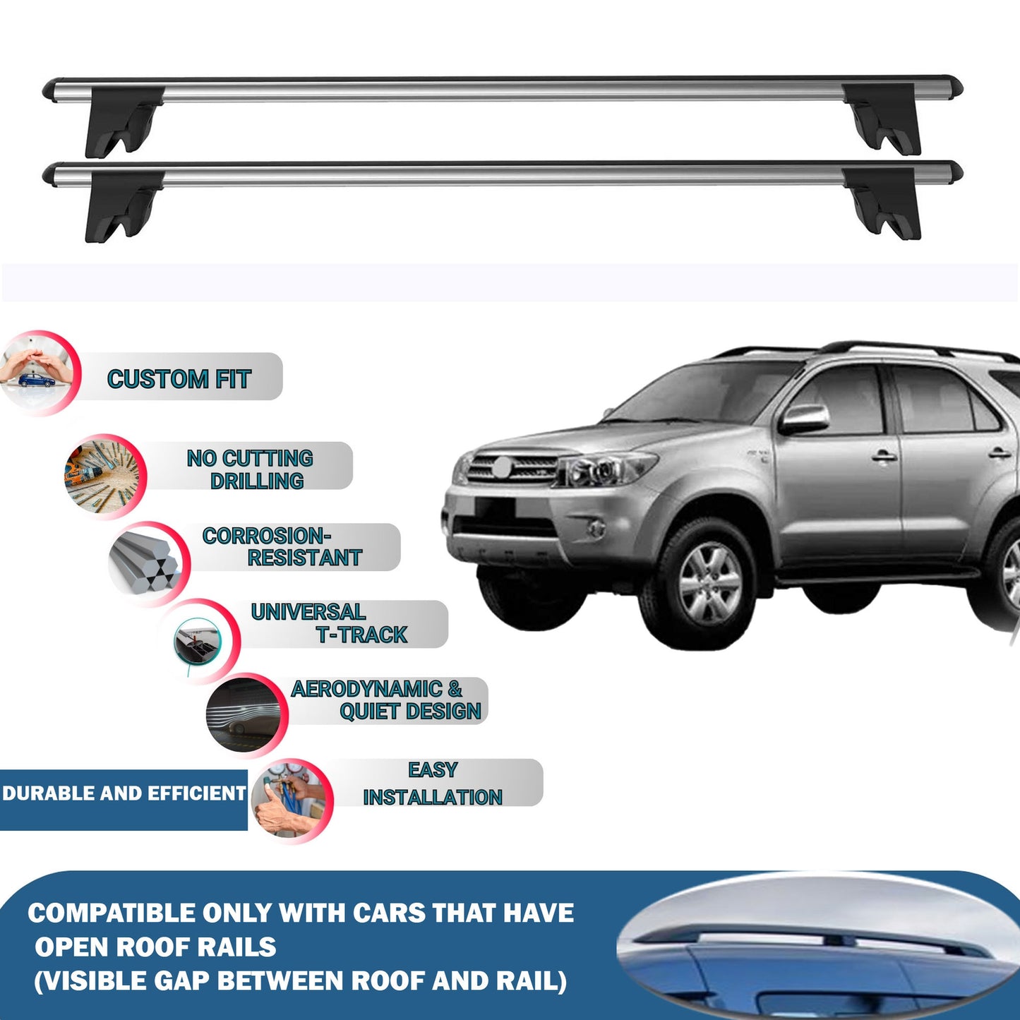 Lockable Roof Rack Cross Bars for Toyota Hilux SW4 2006-2015 | Heavy Duty Rail Carrier 2 Pcs Grey