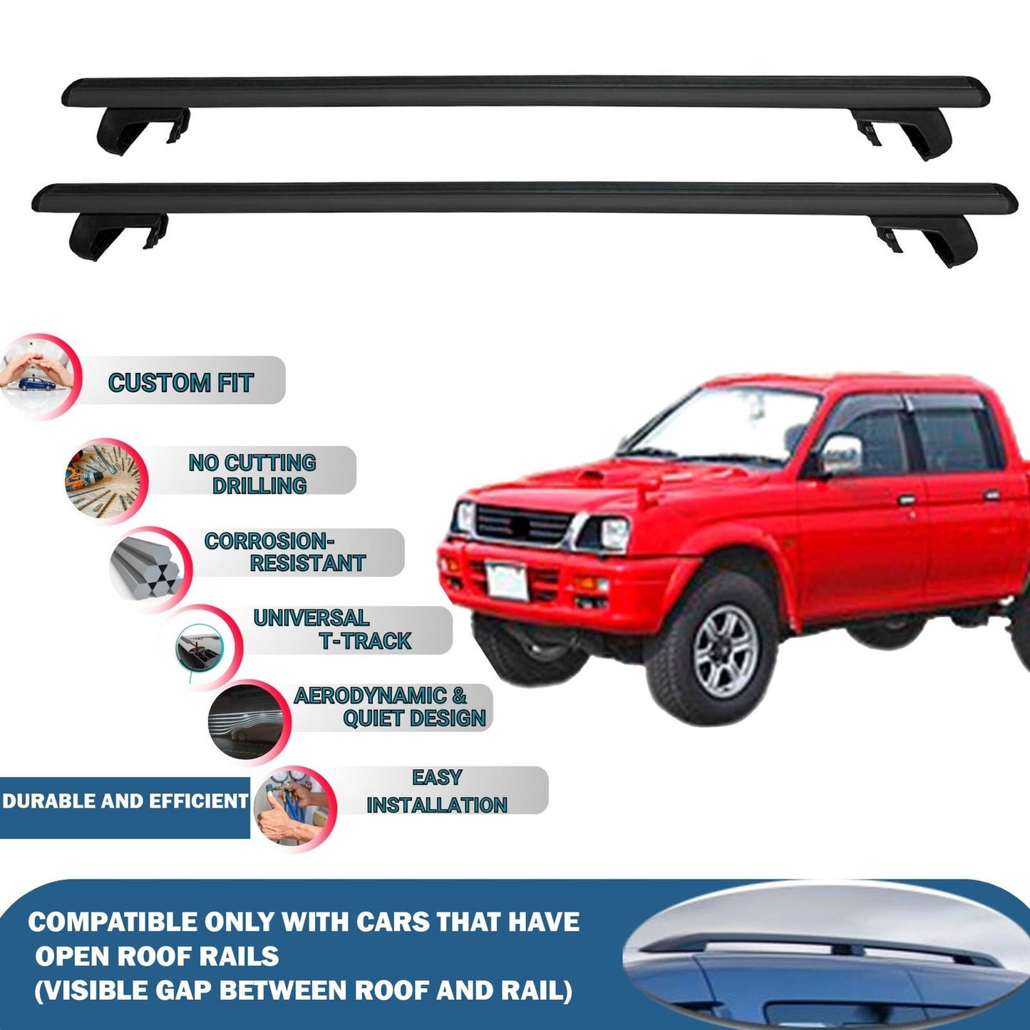 Roof Rack Cross Bars for Mitsubishi Triton L200 1996-2006 Rail Carrier for Roof Tents 2 Pcs Black
