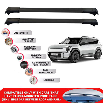 2X Car Roof Rack Cross Bars for Kia Ev9 2023 Onwards Lockable Roof Bars Black