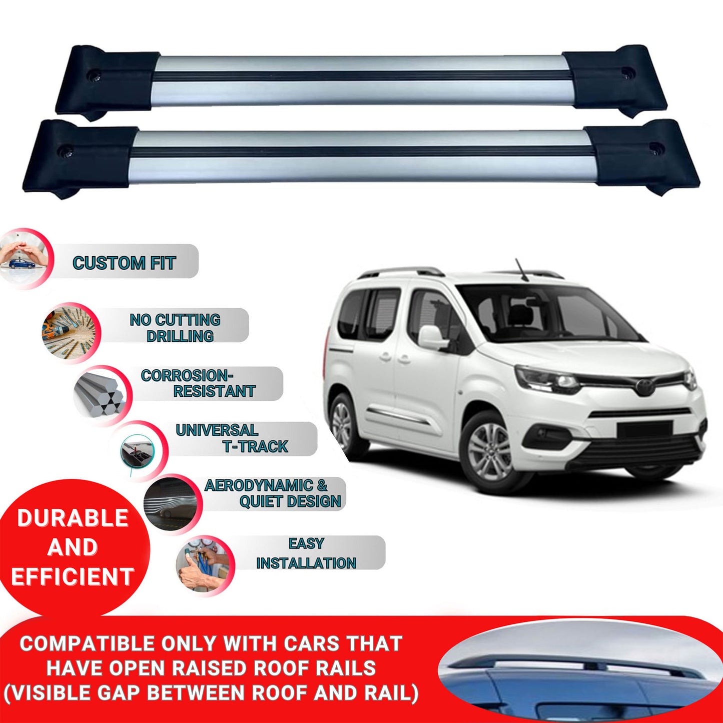 Roof Racks Cross Bars For Toyota Proace Verso 2016-2023 4 Pcs Grey