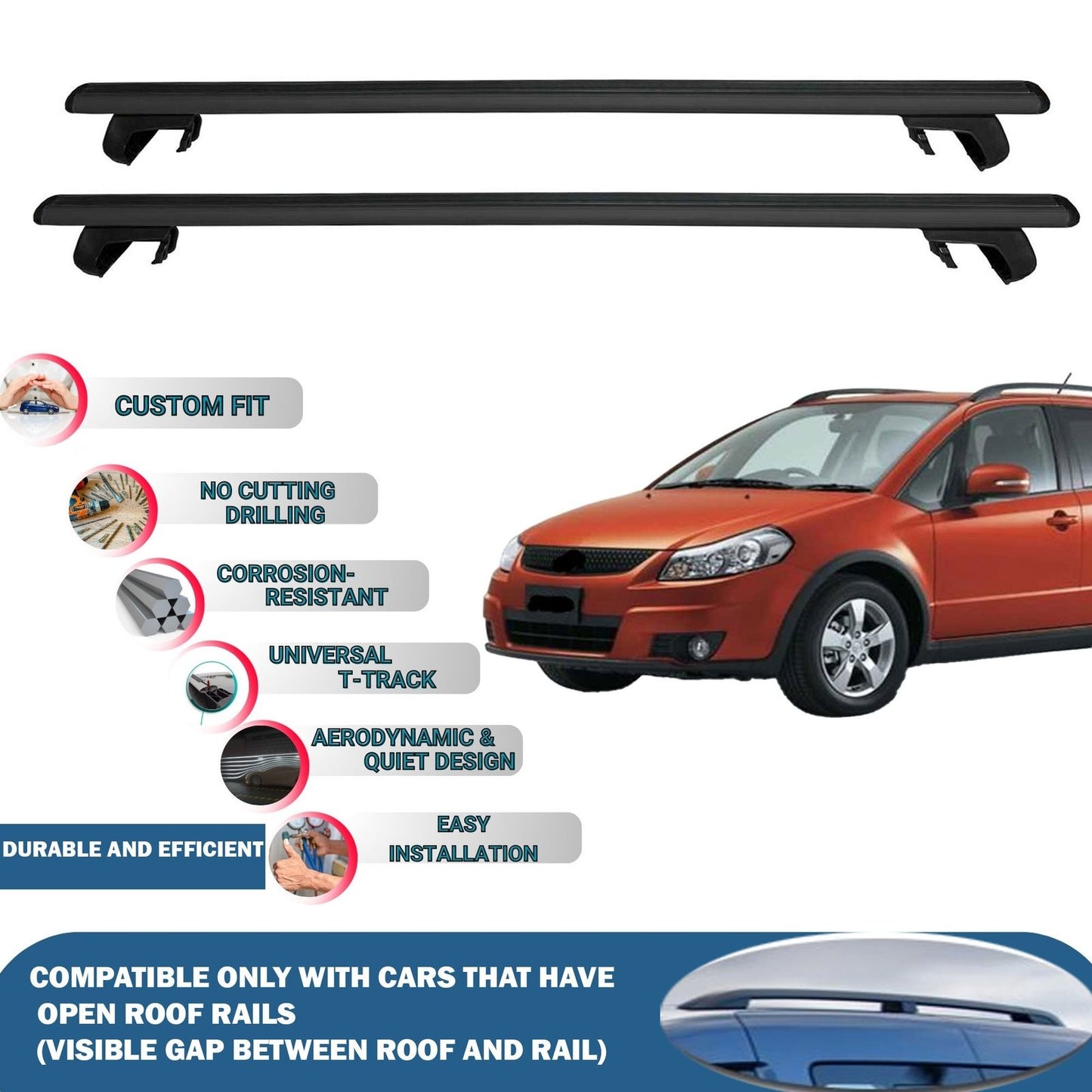 Roof Rack Cross Bars for Suzuki Sx4 Mk1 Crossover 2006-2013 Rail Carrier for Roof Tents 2 Pcs Black