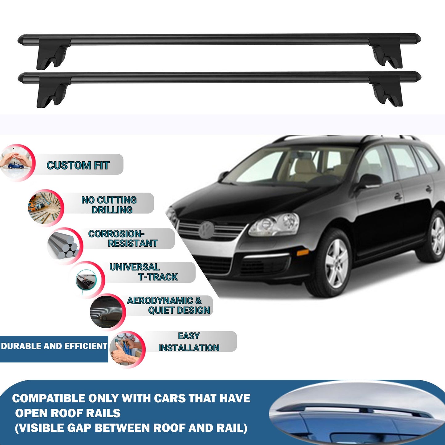 Lockable Roof Rack Cross Bars for Vw Jetta Variant/S.wagen 2005-2010 | Heavy Duty Rail Carrier 2 Pcs Black