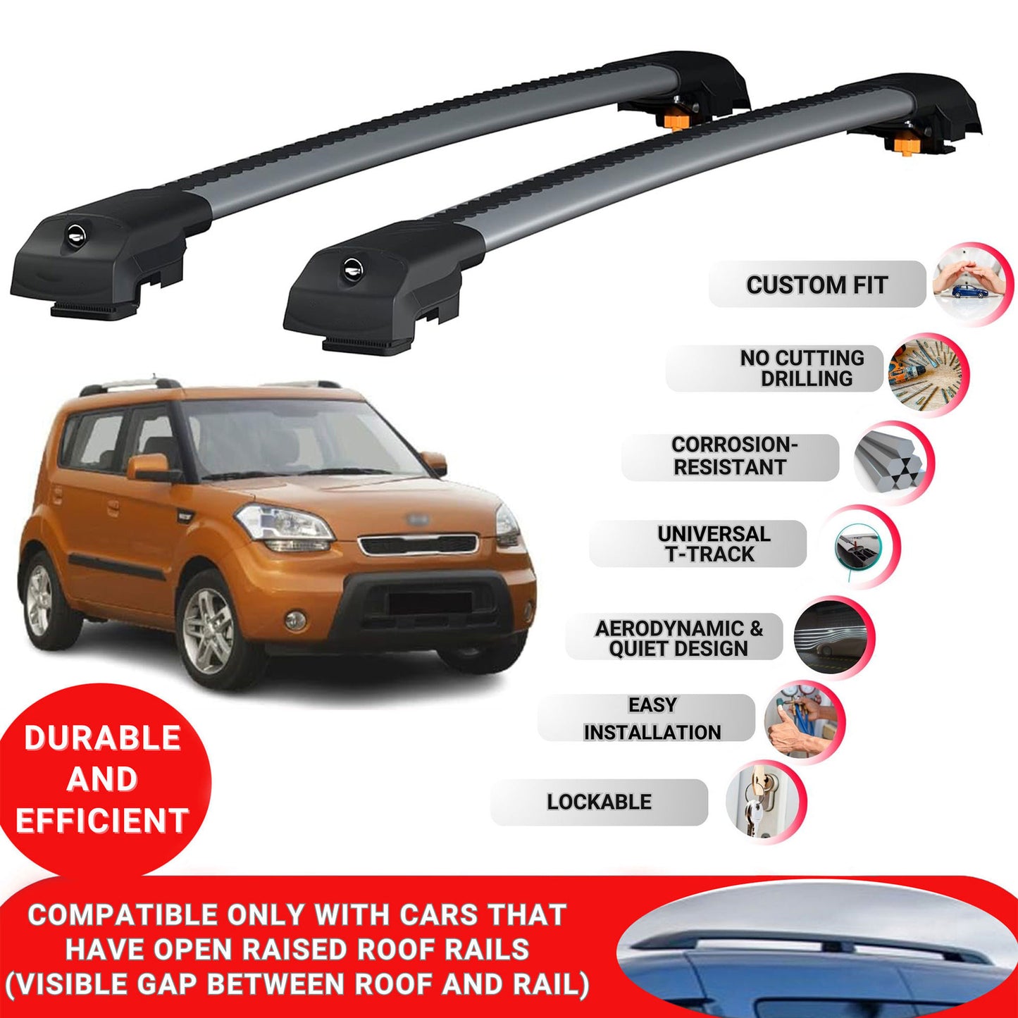 Roof Bar for Kia Soul 2009-2013 Lockable Roof Rack Cross Bars 2 Pcs Grey