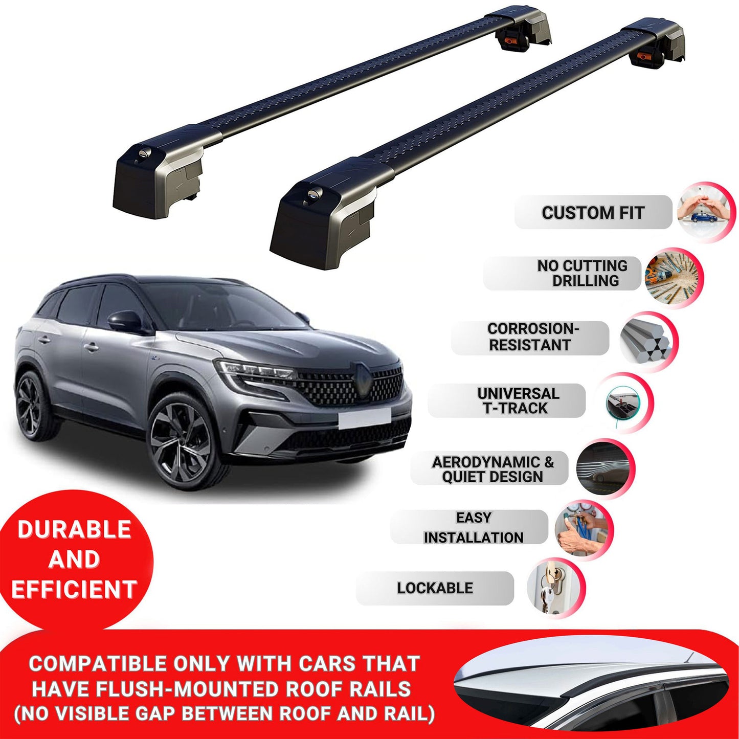 Roof Bars Rack for Renault Austral 2022+ Lockable Rail Carrier 2 Pcs Black