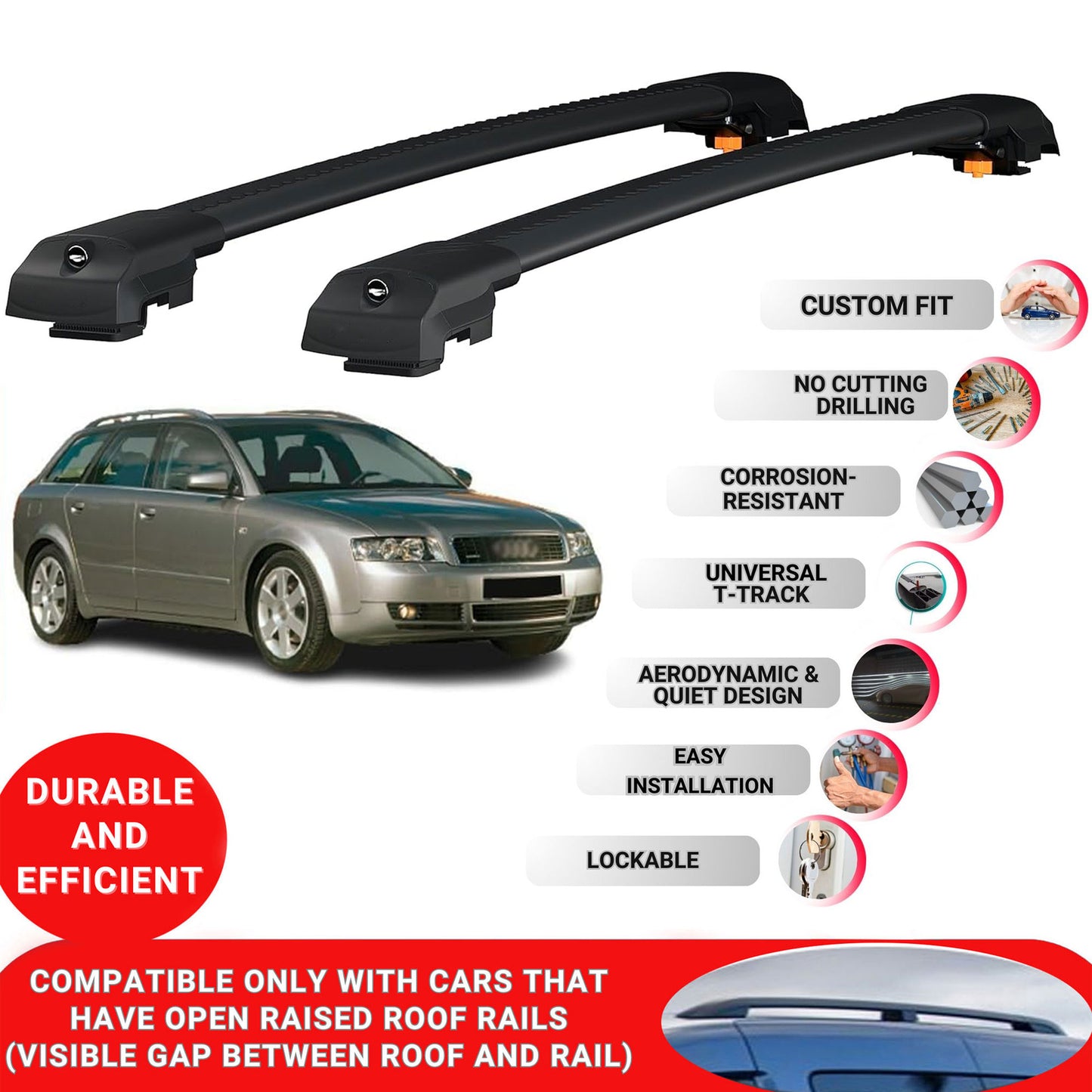Roof Bar for Audi A4 Avant (B6) 2002-2004 Lockable Roof Rack Cross Bars 2 Pcs Black