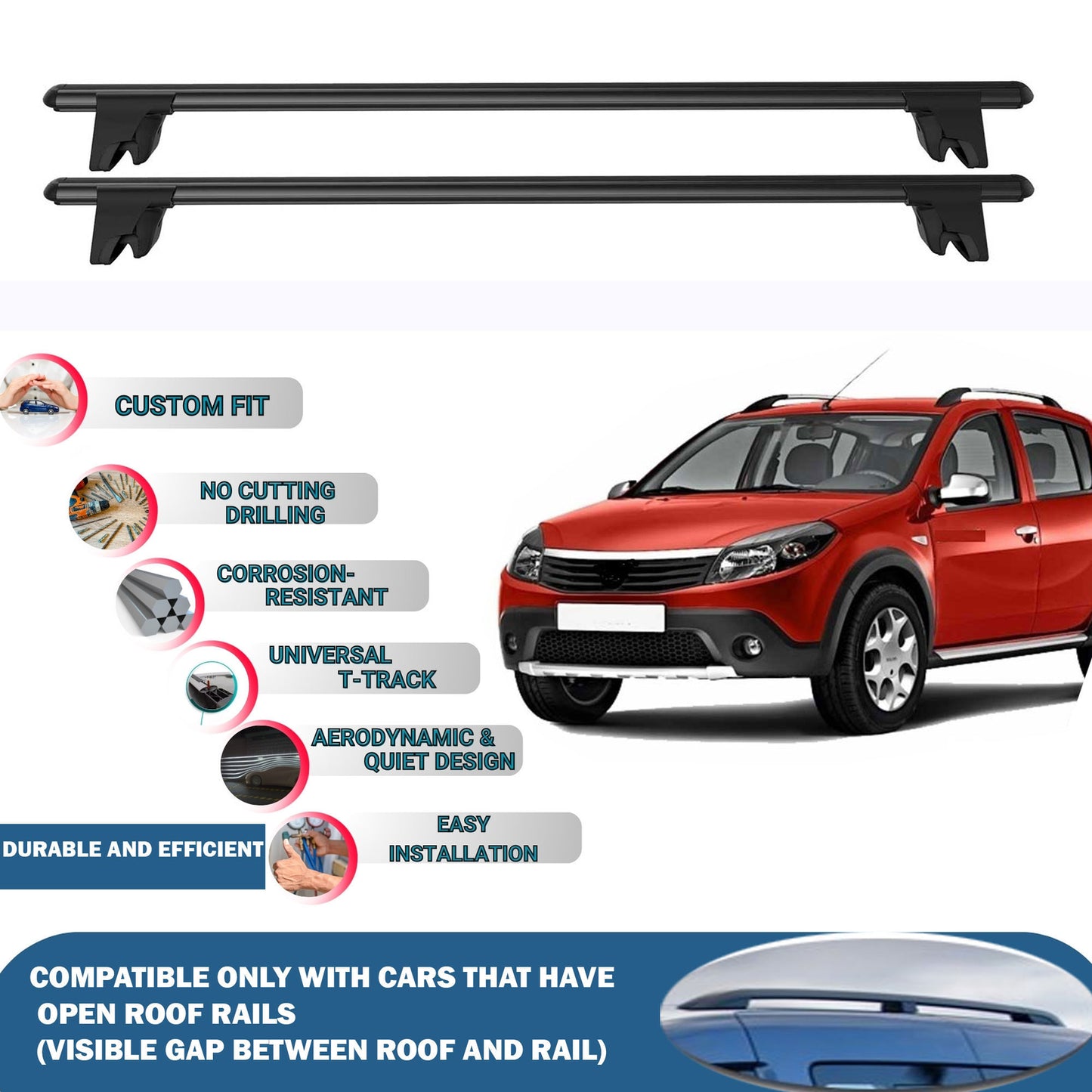 Lockable Roof Rack Cross Bars for Dacia Sandero/Stepway 2008-2012 | Heavy Duty Rail Carrier 2 Pcs Black