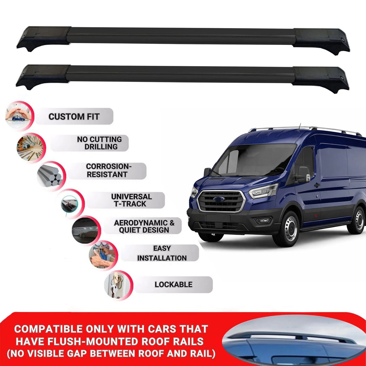 2X Car Roof Rack Cross Bars for Ford Transit 2014-2021 Lockable Roof Bars Black