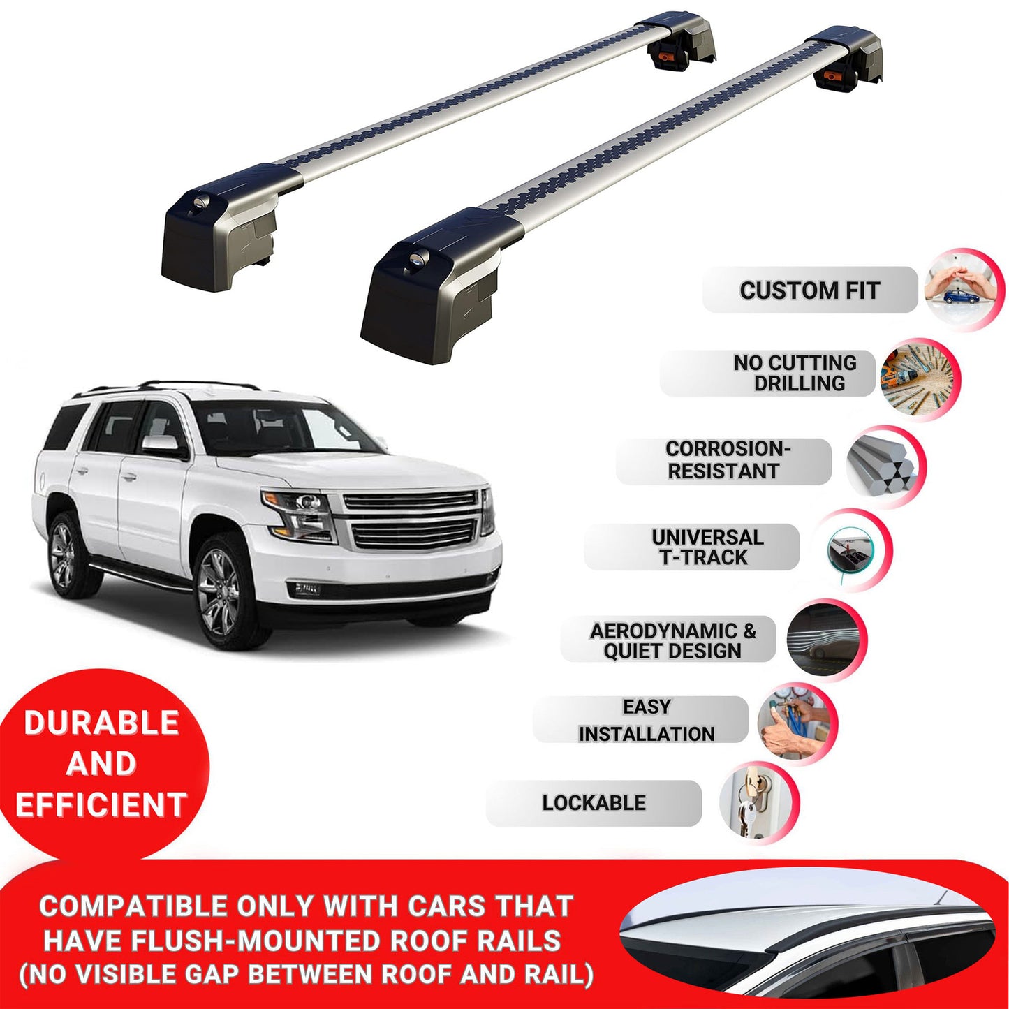 Roof Bars Rack for Chevrolet Tahoe 2015-2020 Lockable Rail Carrier 2 Pcs Grey