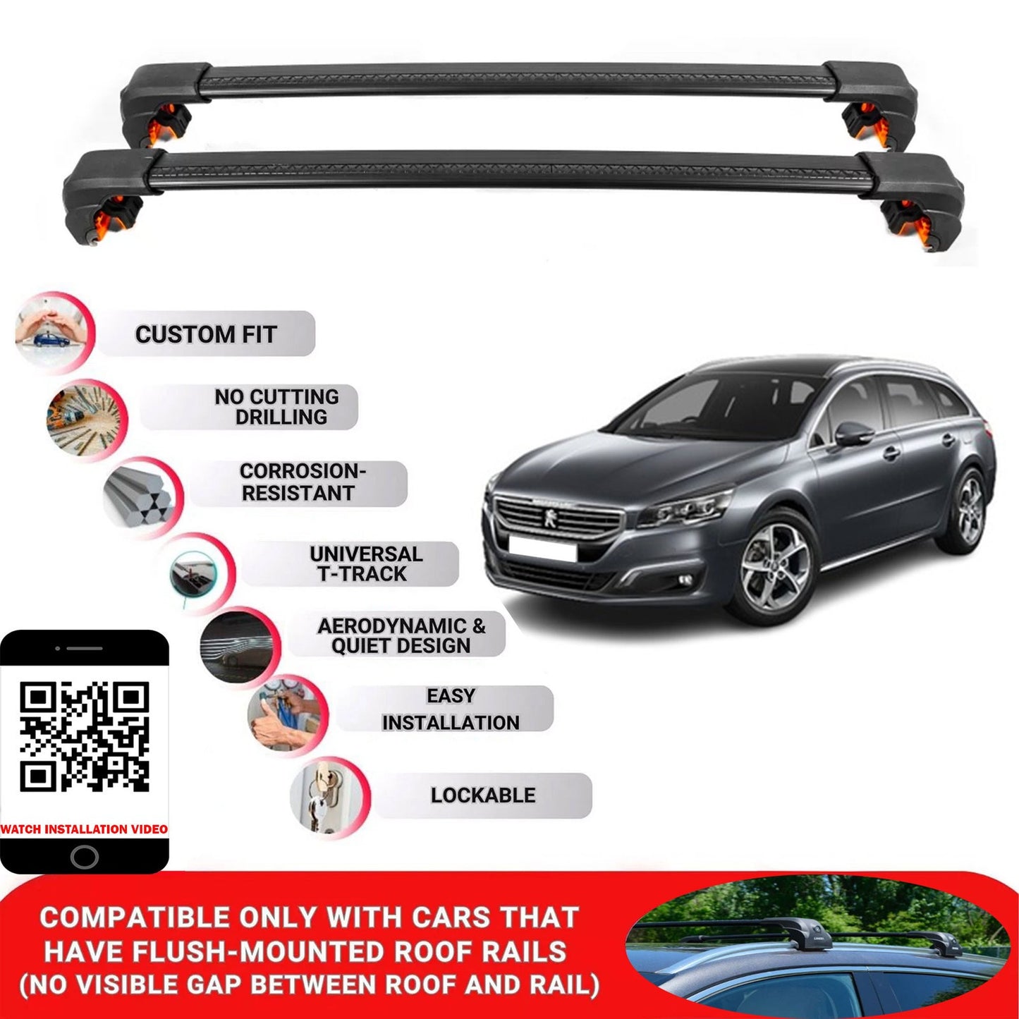 Premium Roof Bars For Peugeot 508 Estate 2011-2018 Secure Roof Rack Cross Bar 2 Pcss Black