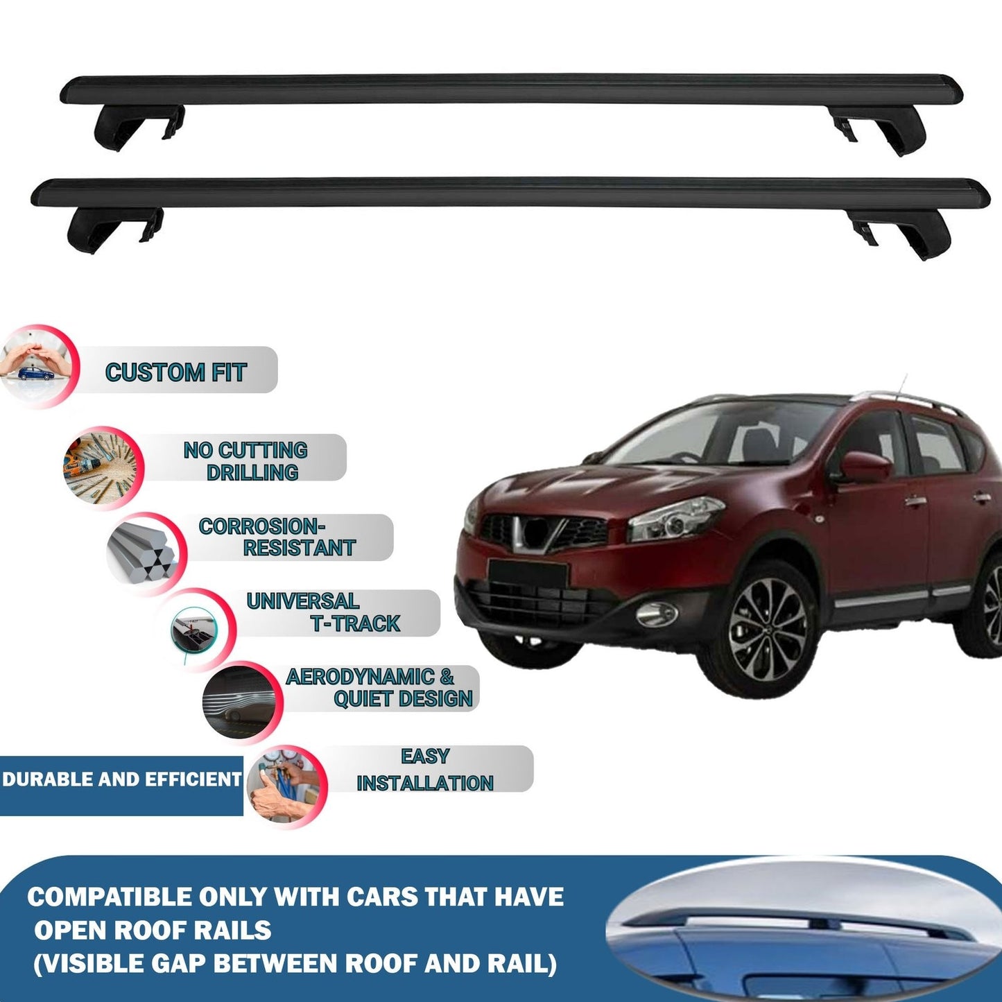 Roof Rack Cross Bars for Nissan Qashqai 4*4 2010-2014 Rail Carrier for Roof Tents 2 Pcs Black