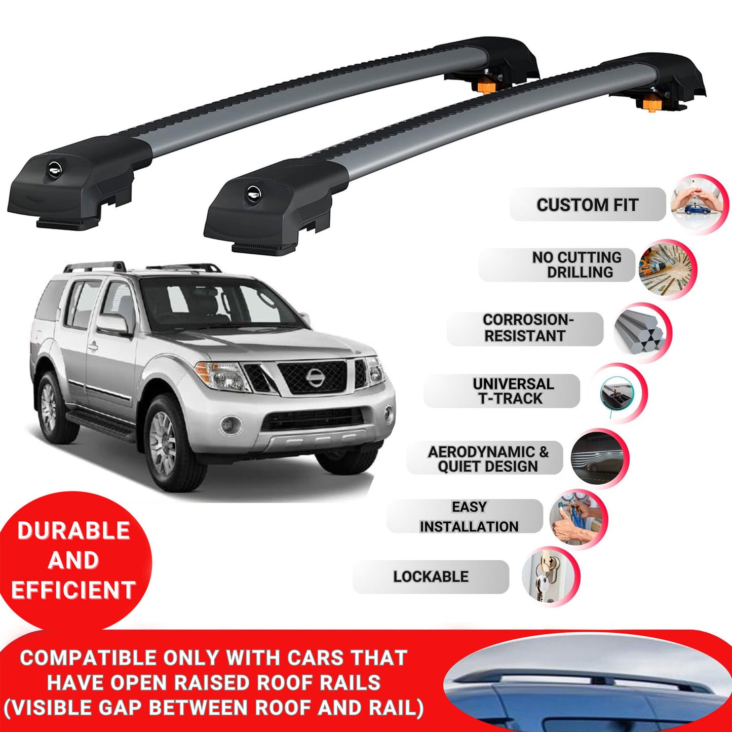Roof Bar for Nissan Pathfinder R5) 2005-2012 Lockable Roof Rack Cross Bars 2 Pcs Grey