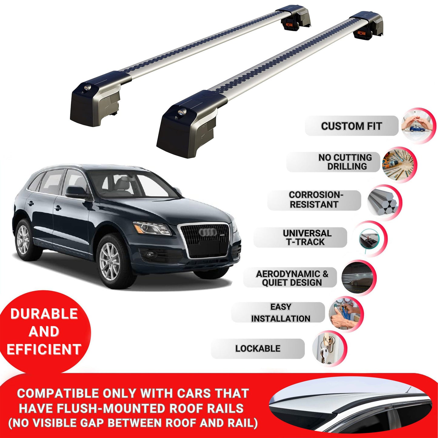 Roof Bars Rack for Audi Q5 (8R) 2009-2017 Lockable Rail Carrier 2 Pcs Grey