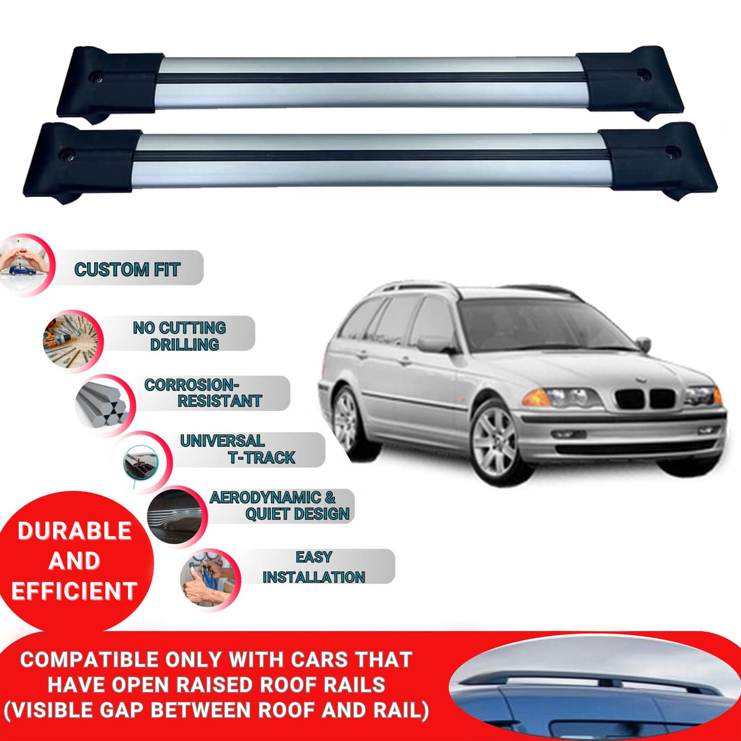 Roof Racks Cross Bars For Bmw 3 Series Estate/Touring E46 1998-2005 2 Pcs Grey