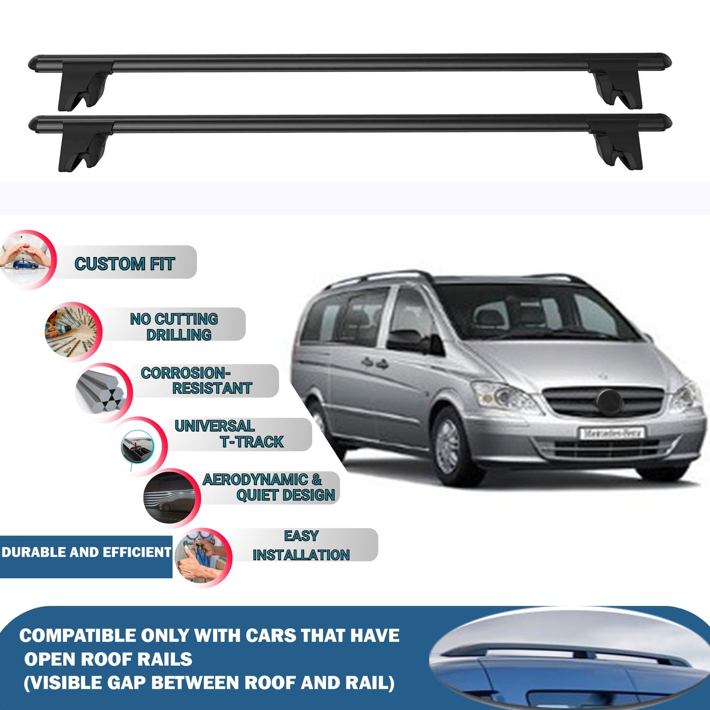Lockable Roof Rack Cross Bars for Mercedes Viano W639 2003-2014 | Heavy Duty Rail Carrier 2 Pcs Black