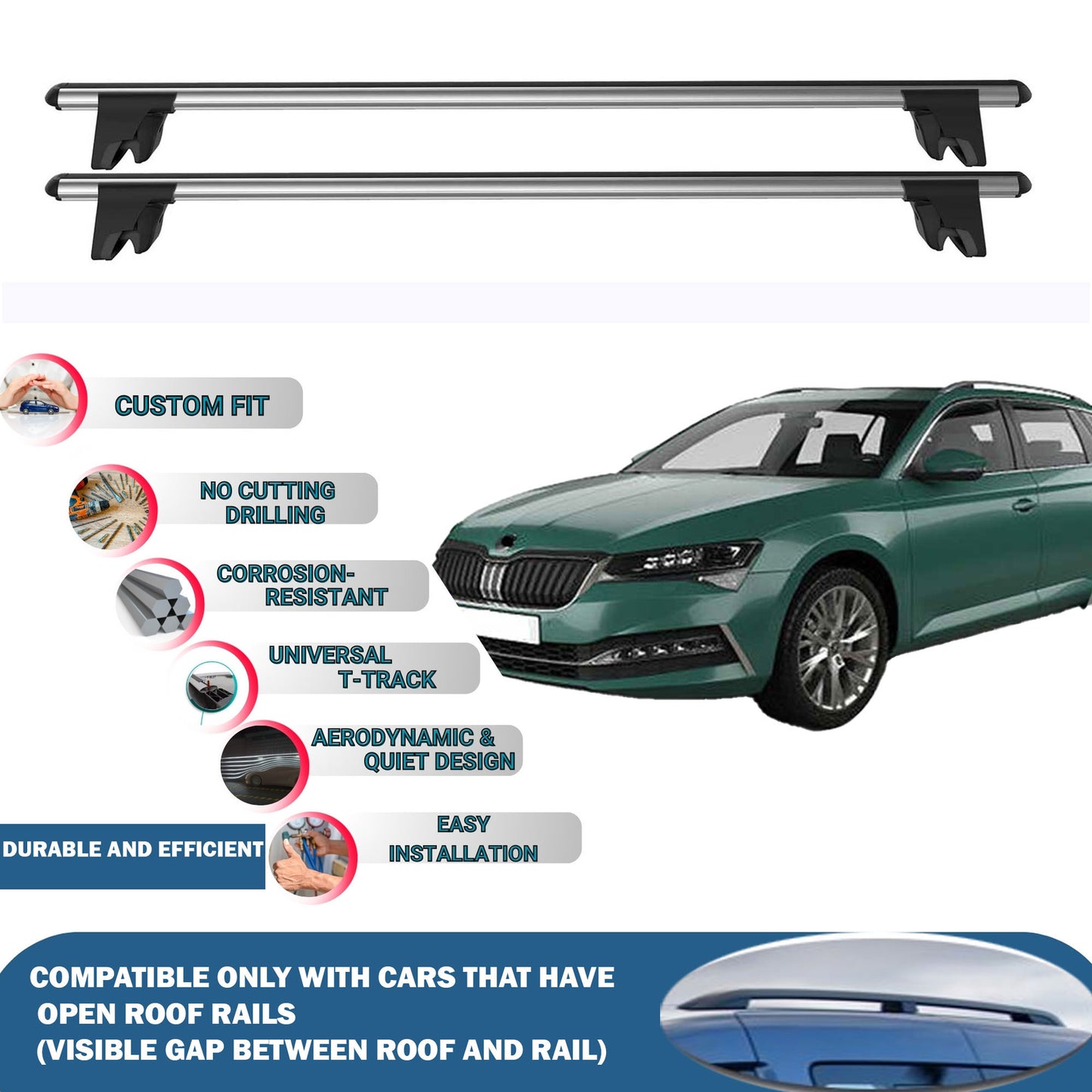 Lockable Roof Rack Cross Bars for Skoda Suberb Combi/SW 2015-2023 | Heavy Duty Rail Carrier 2 Pcs Grey