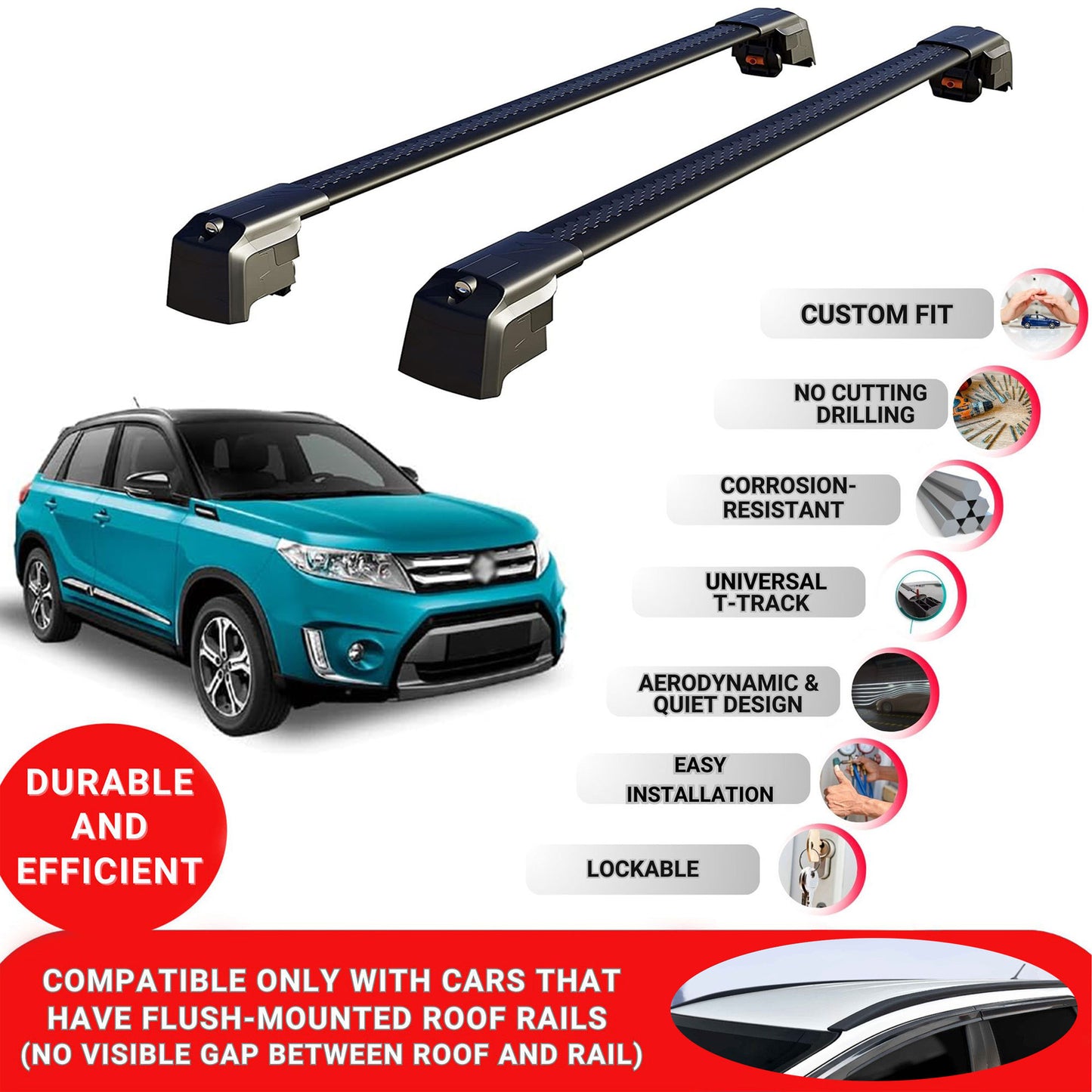 Roof Bars Rack for Suzuki Escudo (LY) 2015+ Lockable Rail Carrier 2 Pcs Black