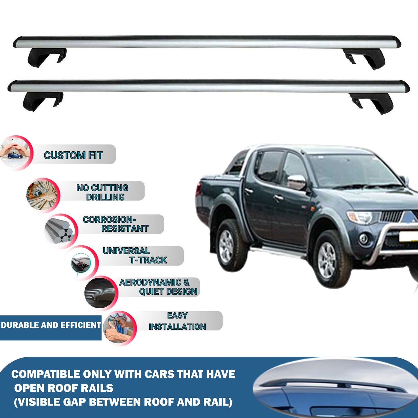 Roof Rack Cross Bars for Mitsubishi Triton L200 2016-2023 Rail Carrier for Roof Tents 2 Pcs Grey