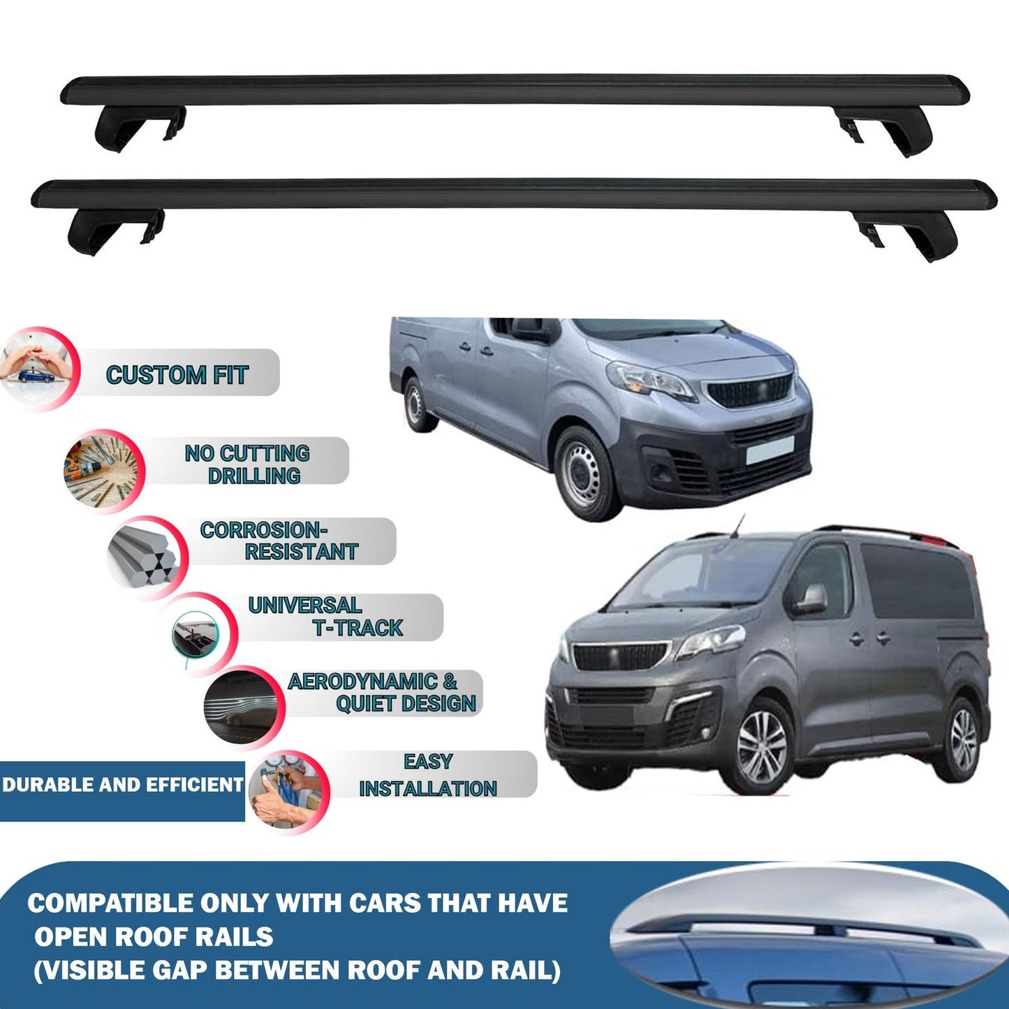 Roof Rack Cross Bars for Peugeot Expert/Traveller Mpv/Van 2017-2023 Rail Carrier for Roof Tents 2 Pcs Black