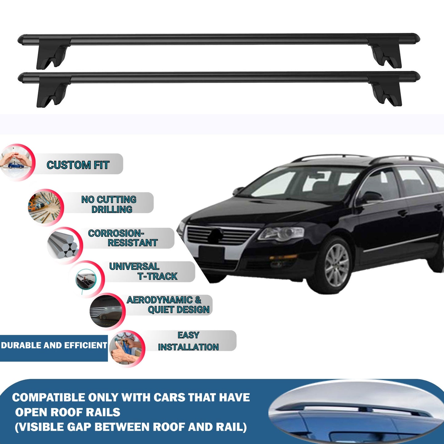 Lockable Roof Rack Cross Bars for Vw Passat Variant B6 2005-2010 | Heavy Duty Rail Carrier 2 Pcs Black