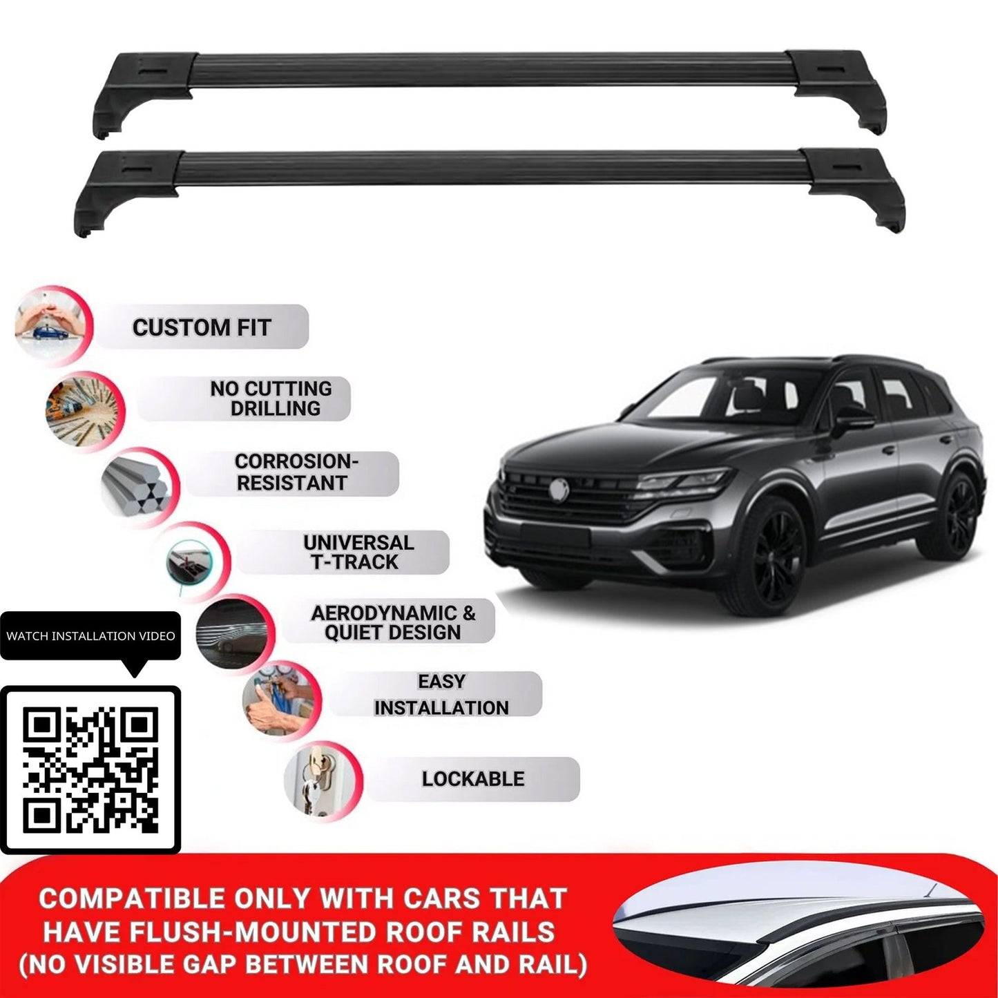 Roof Bars for Vw Touareg 2018-2023 Lockable Roof Rack Cross Bars 2 Pcs Black