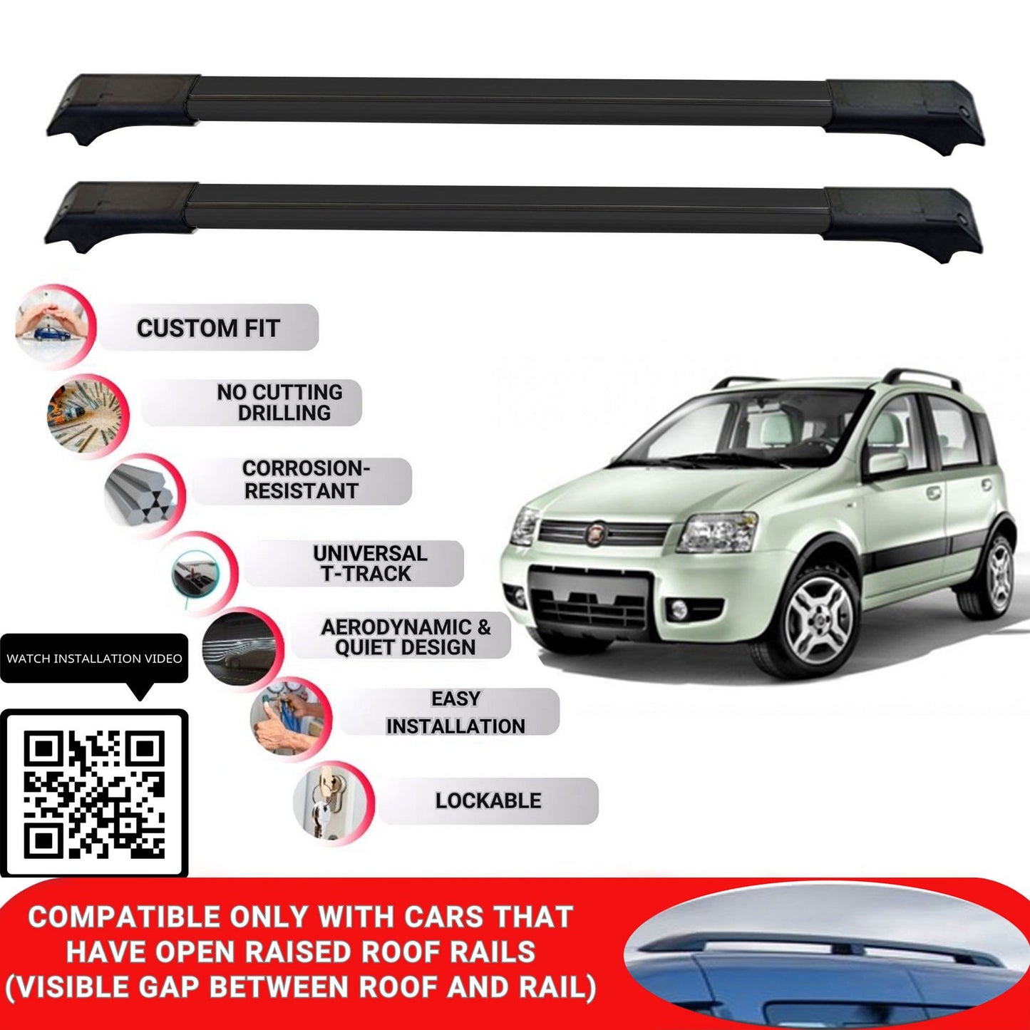 Roof Rack Cross Bars for Fiat Panda HB 2003-2011 Lockable Roof Bars 2 Pcs Black