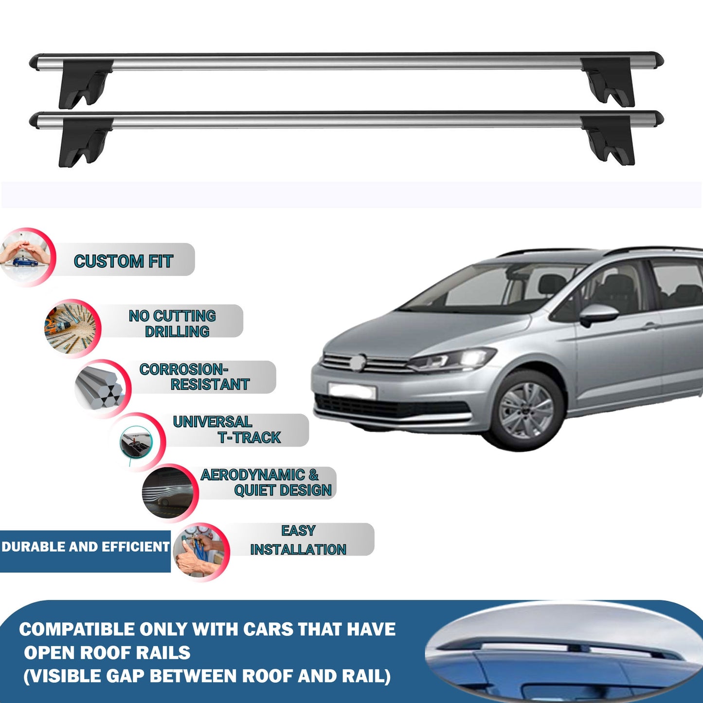 Lockable Roof Rack Cross Bars for Volkswagen Touran 2016-2023 | Heavy Duty Rail Carrier 2 Pcs Grey