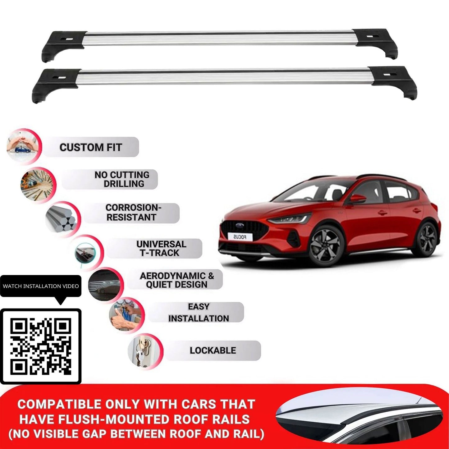 Roof Bars for Ford Focus Active Hb 2019+ Lockable Roof Rack Cross Bars 2 Pcs Grey