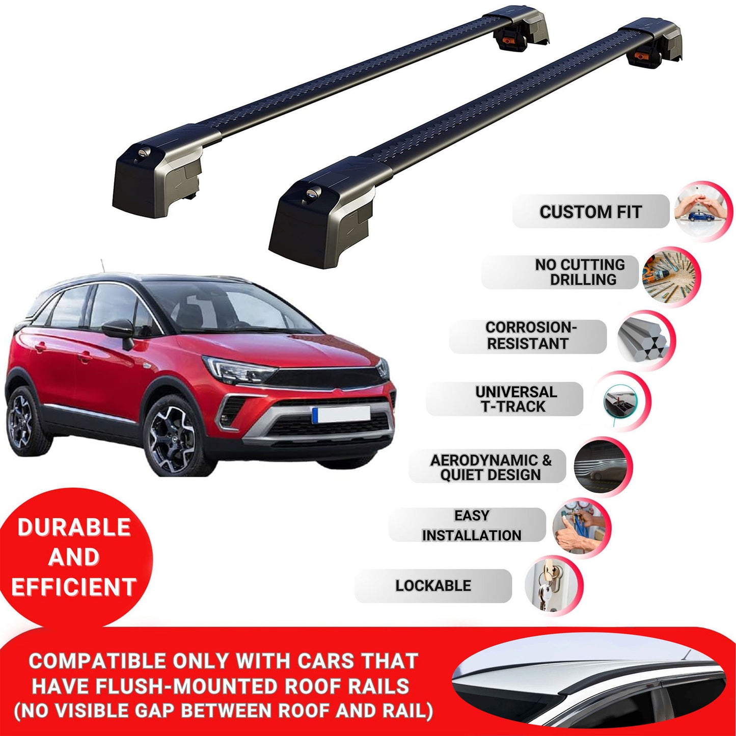 Roof Bars Rack for Vauxhall Crossland 2020+ Lockable Rail Carrier 2 Pcs Black