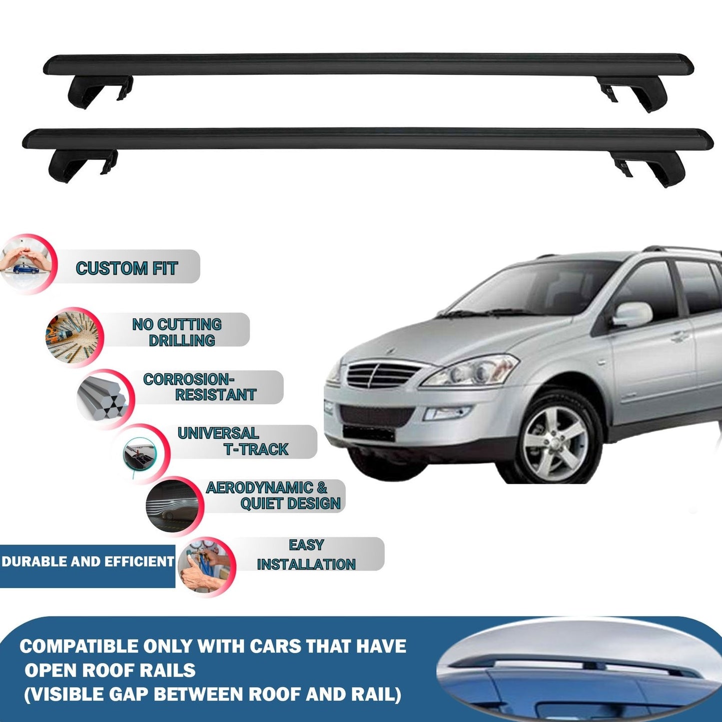 Roof Rack Cross Bars for Ssangyong Actyon 2006-2011 Rail Carrier for Roof Tents 2 Pcs Black