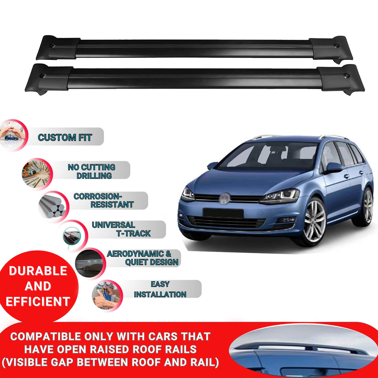 Roof Racks Cross Bars For Vw Golf 7 Sportsvan/Variant 2014-2020 2 Pcs Black
