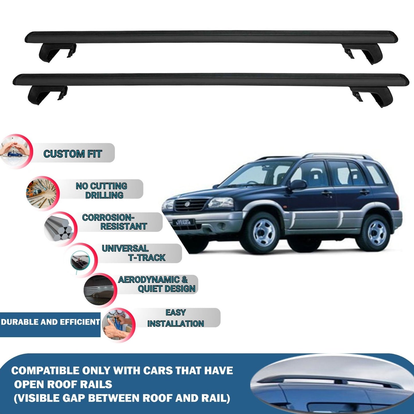 Roof Rack Cross Bars for Suzuki Grand Vitara 5D 1999-2005 Rail Carrier for Roof Tents 2 Pcs Black