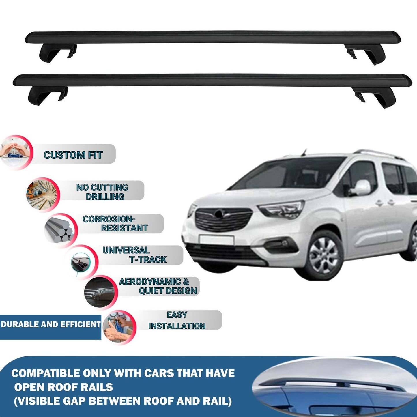 Roof Rack Cross Bars for Opel Combo E 2019-2023 Rail Carrier for Roof Tents 2 Pcs Black
