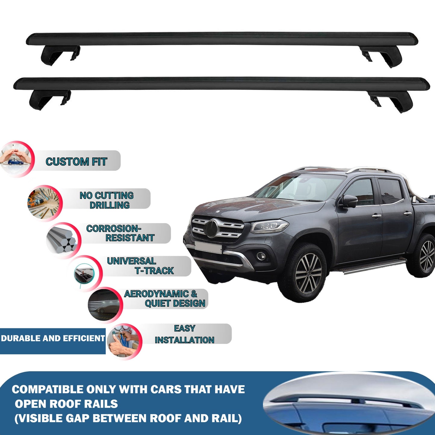 Roof Rack Cross Bars for Mercedes Benz X-Class 2017-2020 Rail Carrier for Roof Tents 2 Pcs Black