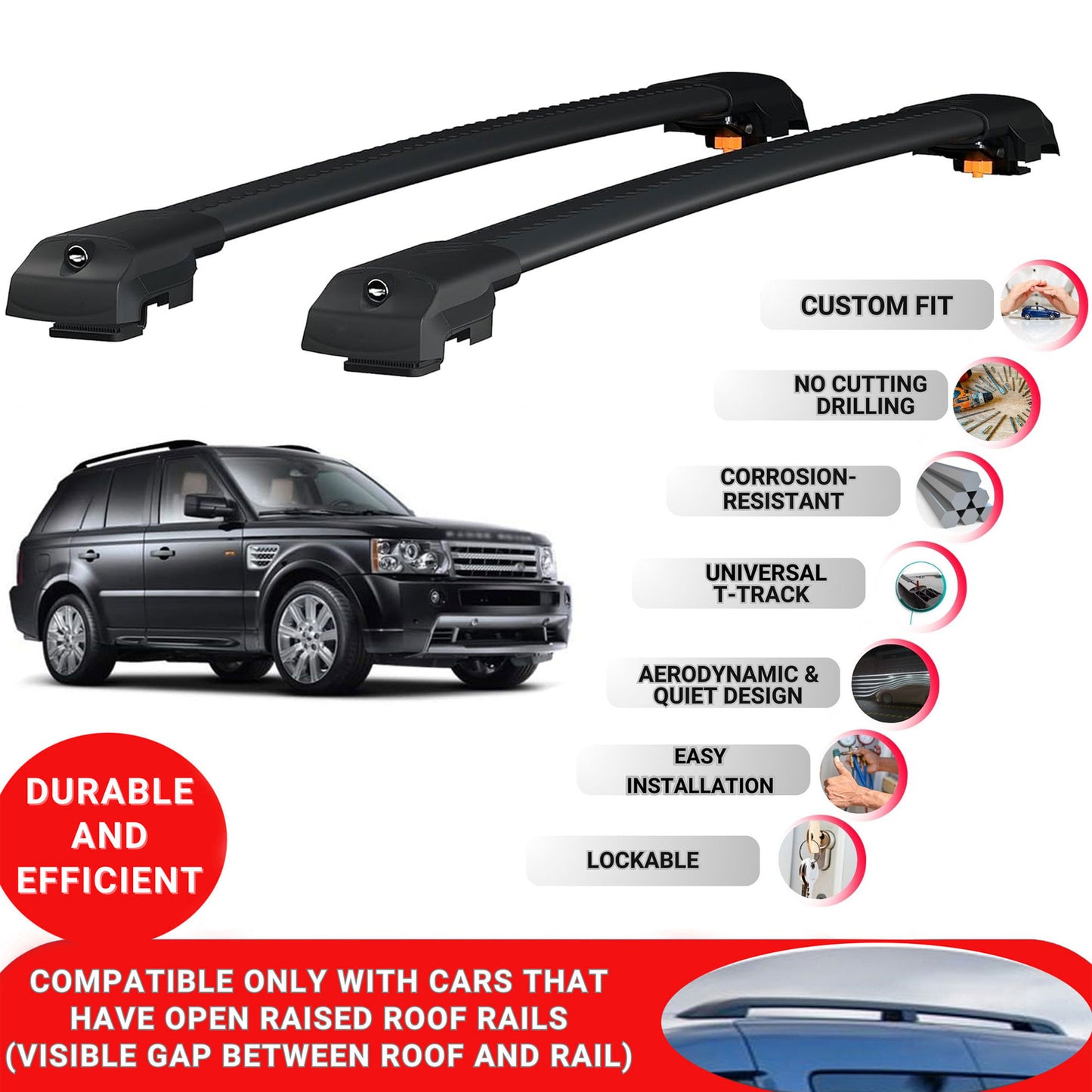 Roof Bar for Range Rover Sport 2005-2013 Lockable Roof Rack Cross Bars 2 Pcs Black