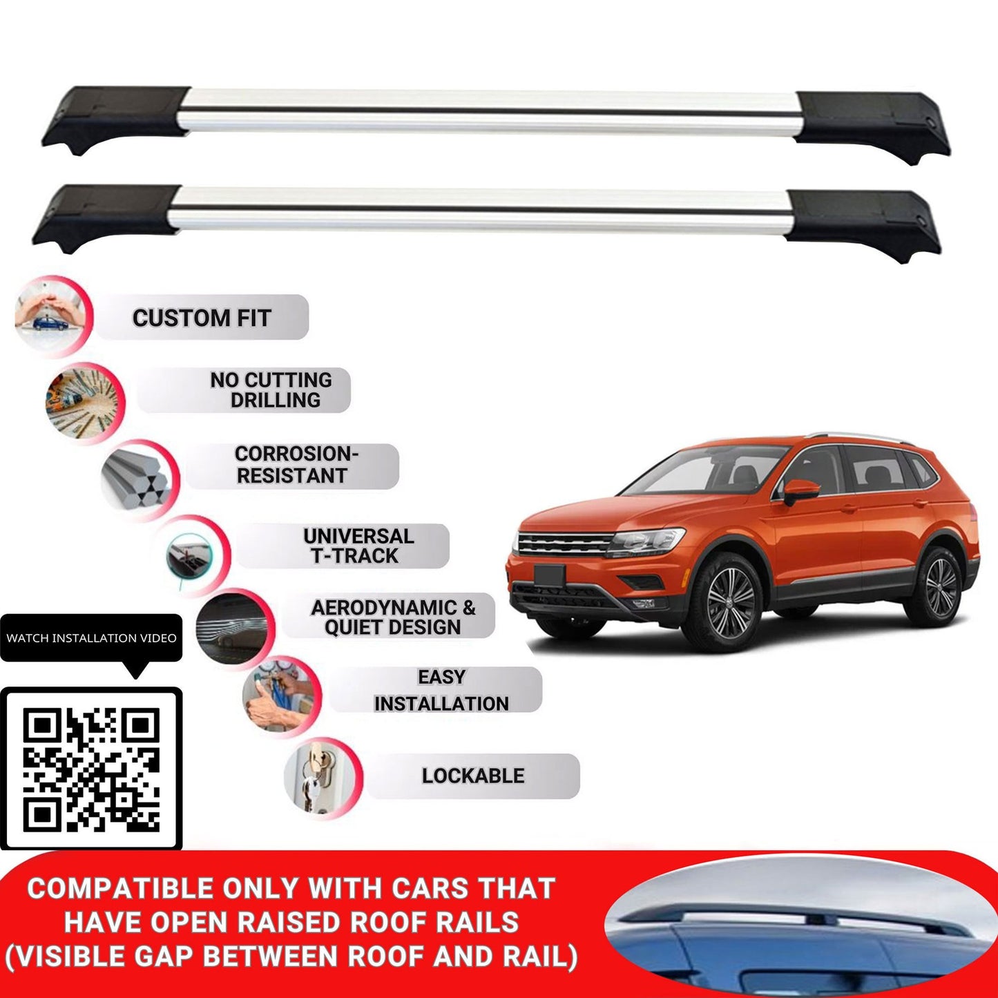 Roof Rack Cross Bars for Vw Tiguan Allspace 2018-2024 Lockable Roof Bars 2 Pcs Grey