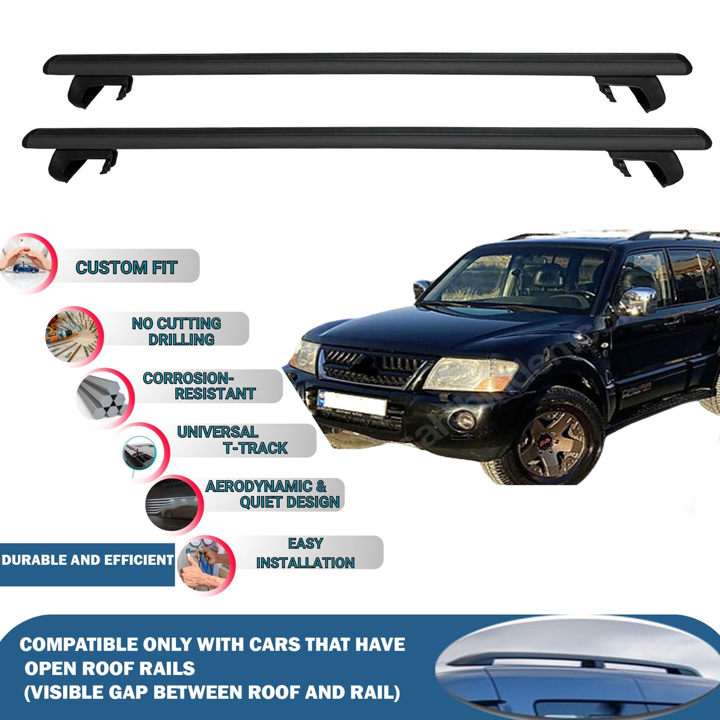 Roof Rack Cross Bars for Mitsubishi Pajero V60 5D 1999-2006 Rail Carrier for Roof Tents 2 Pcs Black
