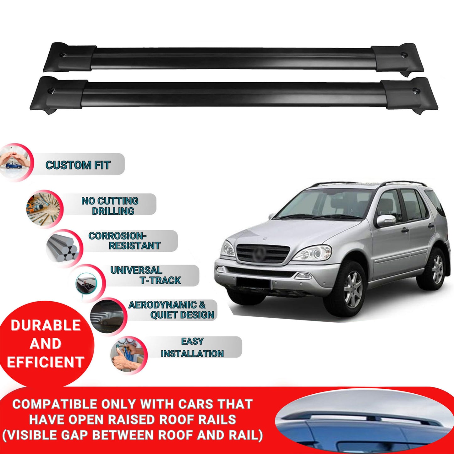Roof Racks Cross Bars For Mercedes M-Class / W163 1998-2005 2 Pcs Black