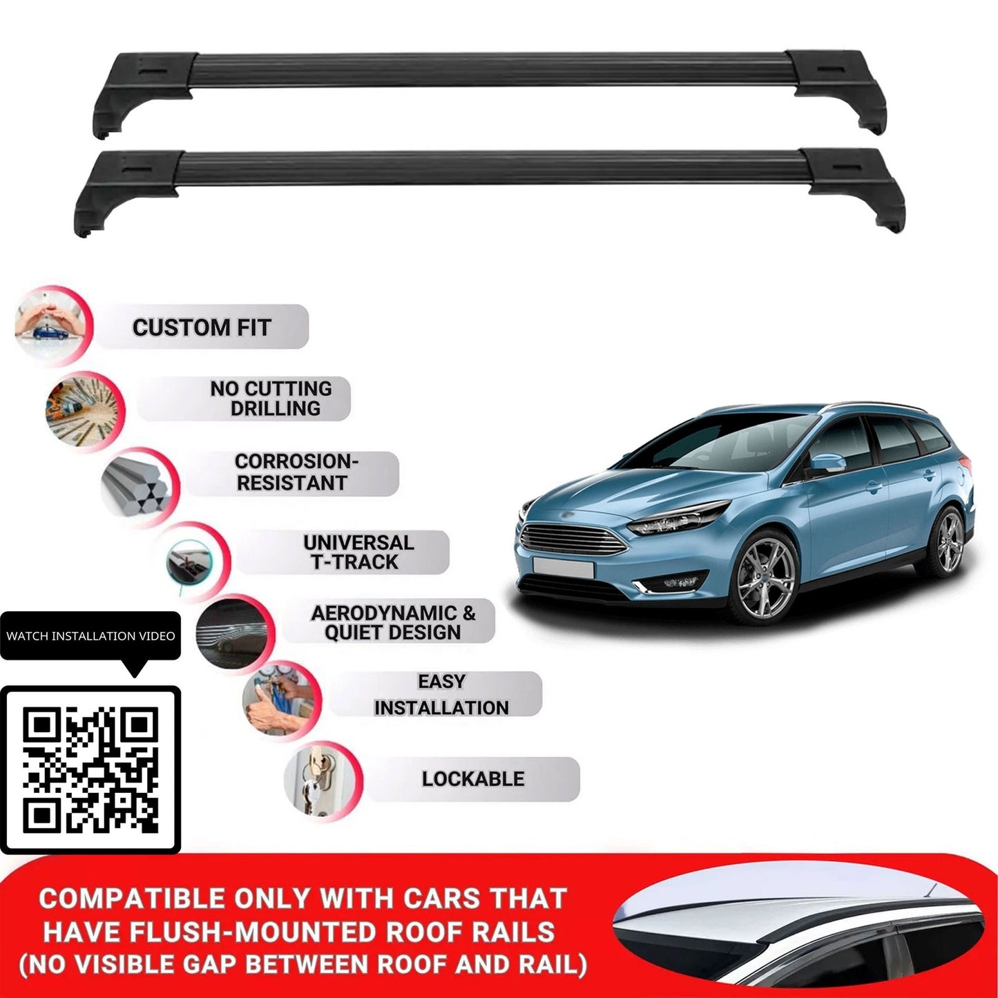 Roof Bars for Ford Focus Mk 2011-2018 Lockable Roof Rack Cross Bars 2 Pcs Black