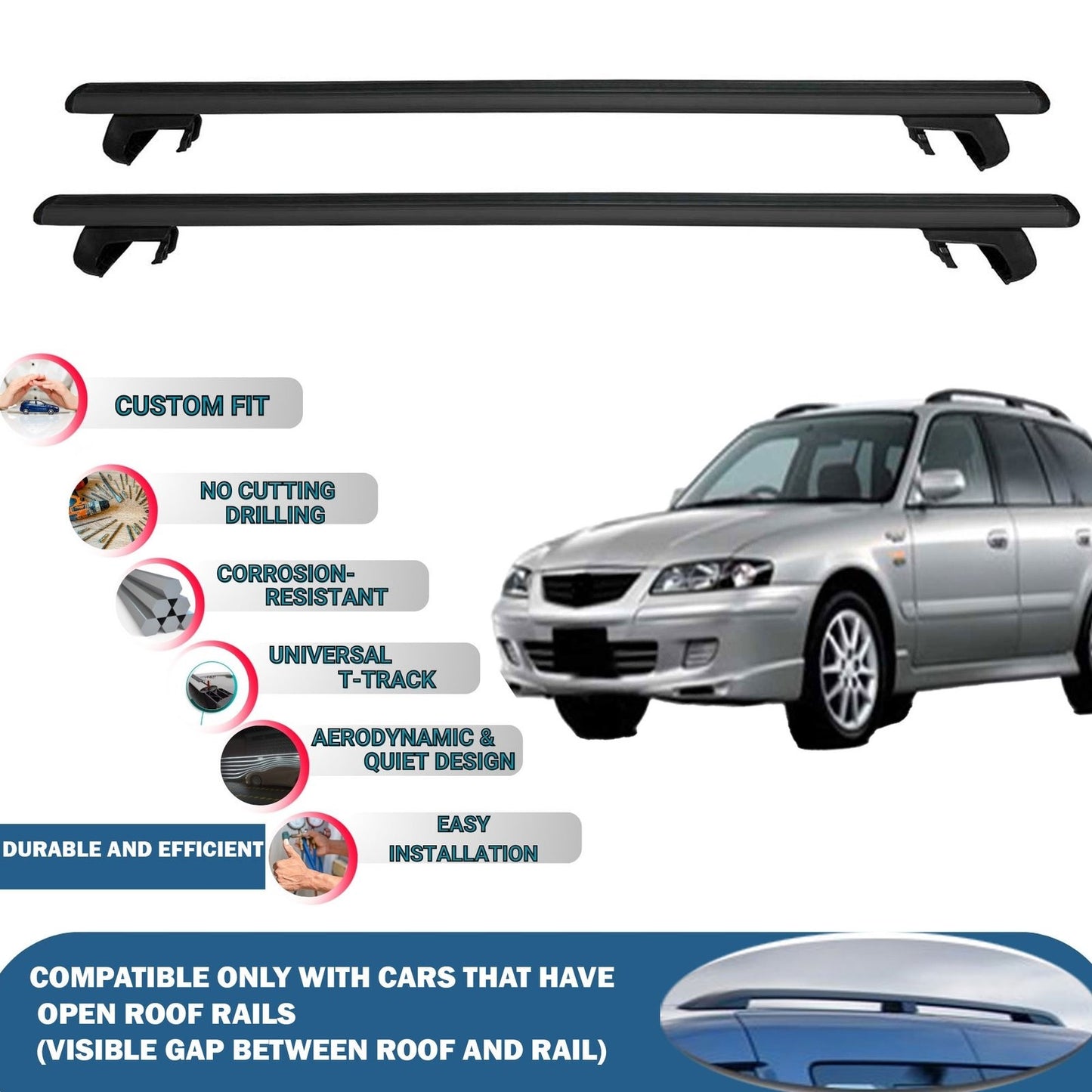 Roof Rack Cross Bars for Mazda 626 Wagon 1997-2002 Rail Carrier for Roof Tents 2 Pcs Black