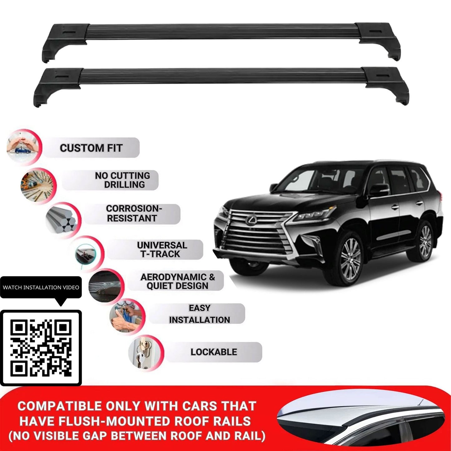 Roof Bars for Lexus Lx-Series 2016-2021 Lockable Roof Rack Cross Bars 2 Pcs Black