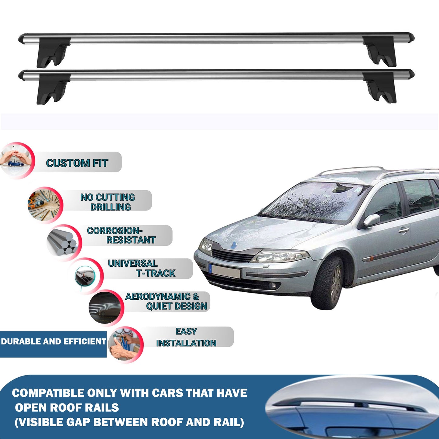 Lockable Roof Rack Cross Bars for Renault Laguna X74 Estate/G.tour 2001-2008 | Heavy Duty Rail Carrier 2 Pcs Grey